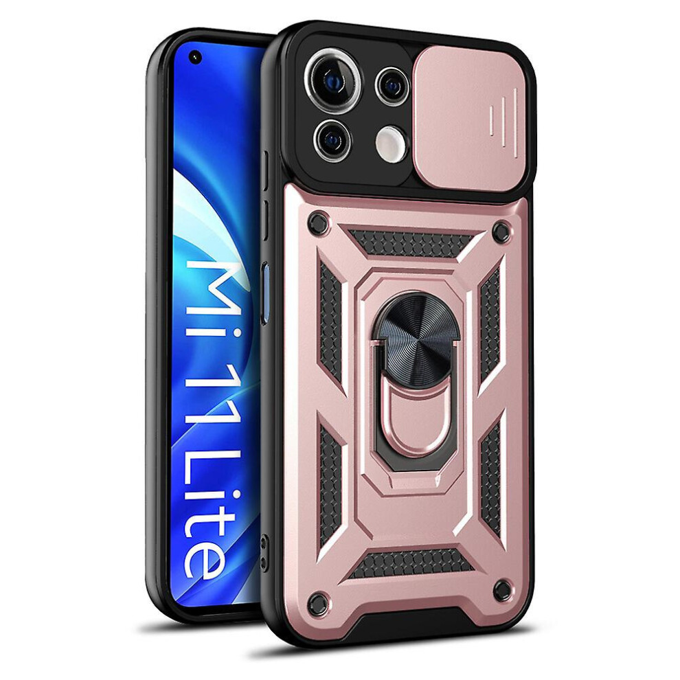 Magnetic Phone Case Compatible Xiaomi 11 Lite 4G 5G, Slide Camera Lens Protection And Built In 360 Rotatable Ring Holder:rose Gold 3748264226008