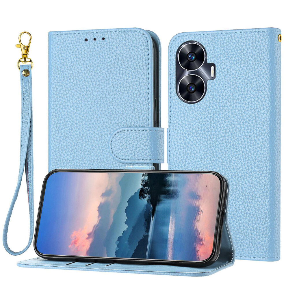 Compatible Oppo Realme C55 Case, Litchi Pu Leather Folio Cover Magnetic Closure Flip Wallet Card Slots Stand Case With Hand Strap,: Grain/Brown/Blue 4313913178435