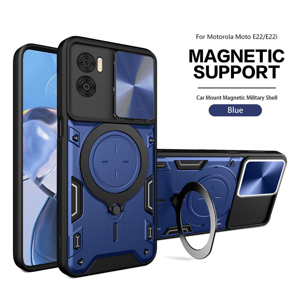 Magnetic Phone Case Compatible Moto E22 4G /E22i 4G, Slide Camera Lens Protection And Built In 360 Rotatable Ring Holder: Blue 3468205152202