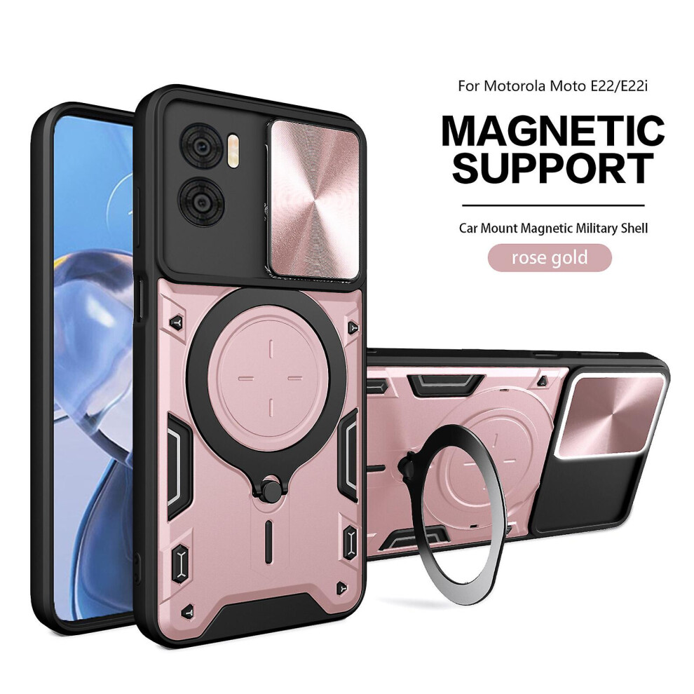 Magnetic Phone Case Compatible Moto E22 4G /E22i 4G, Slide Camera Lens Protection And Built In 360 Rotatable Ring Holder:rose Gold 8291303215648