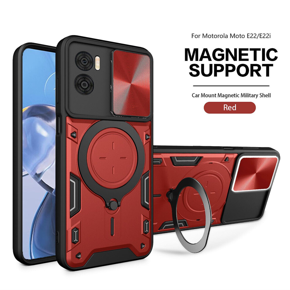 Magnetic Phone Case Compatible Moto E22 4G /E22i 4G, Slide Camera Lens Protection And Built In 360 Rotatable Ring Holder: Red 8291303215631