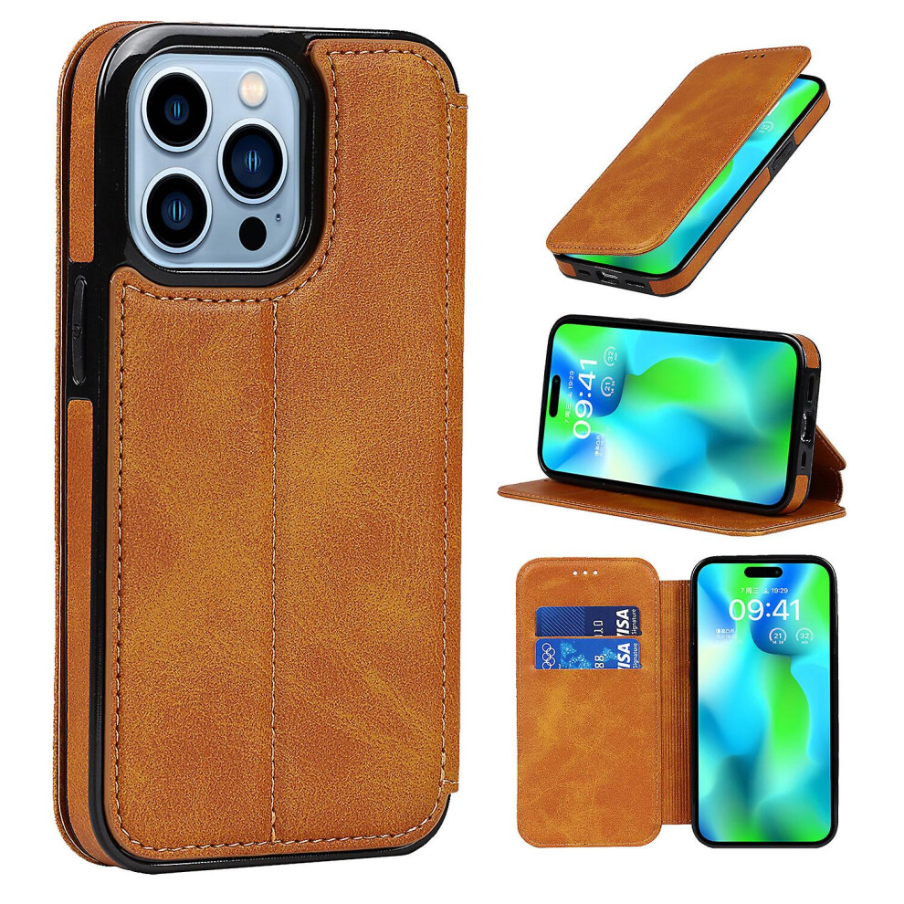 Iphone 14 Pro Case Leather Wallet Flip Phone Case:khaki 8291303215891