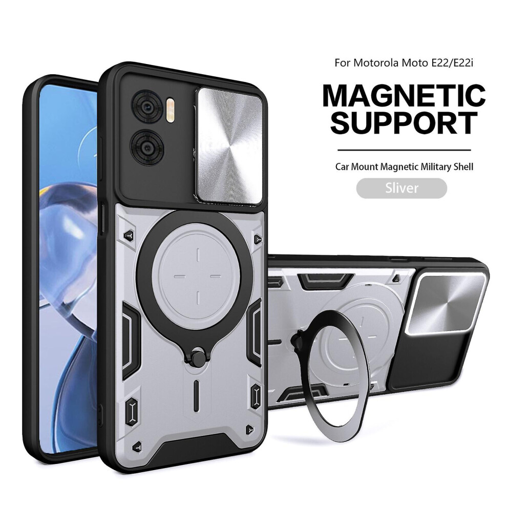 Magnetic Phone Case Compatible Moto E22 4G /E22i 4G, Slide Camera Lens Protection And Built In 360 Rotatable Ring Holder:silvery 8291303215655