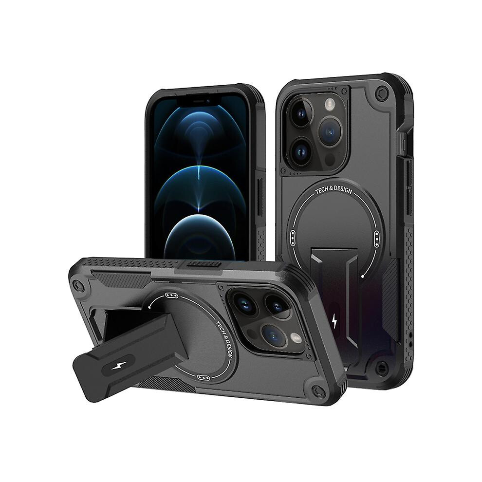 Compatible Iphone 14 Magsafe Holder Armor Pc Hybrid Tpu Phone Case: Black 8291303216218