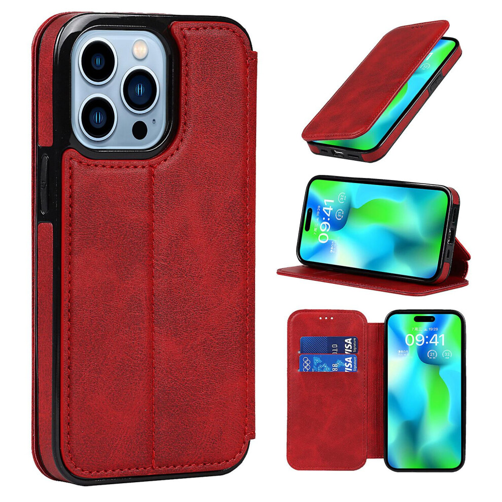Iphone 14 Pro Case Leather Wallet Flip Phone Case: Red 8291303215914
