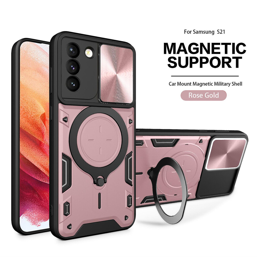 Magnetic Phone Case Compatible Samsung S21, Slide Camera Lens Protection And Built In 360 Rotatable Ring Holder:rose Gold 8224430420906