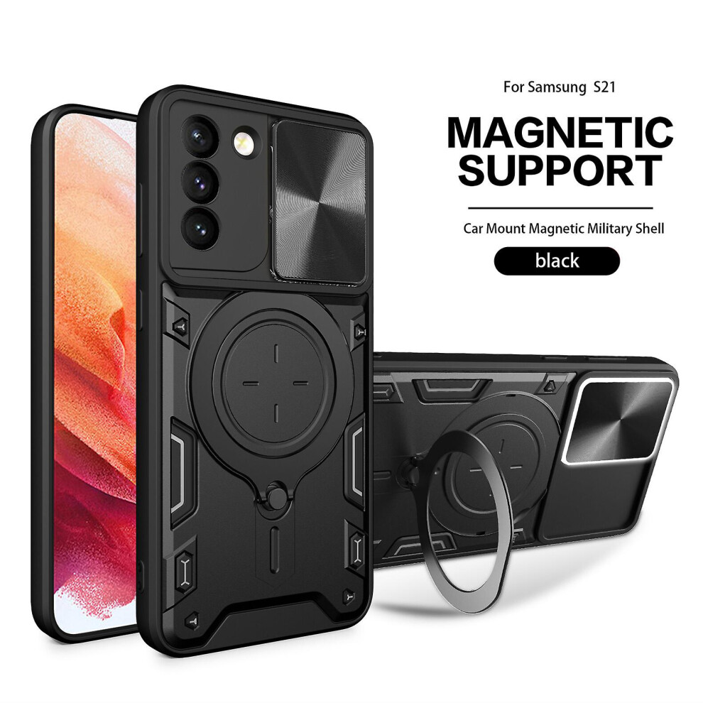 Magnetic Phone Case Compatible Samsung S21, Slide Camera Lens Protection And Built In 360 Rotatable Ring Holder: Black 8224430420869