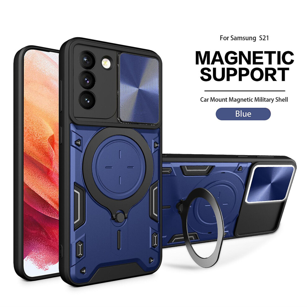 Magnetic Phone Case Compatible Samsung S21, Slide Camera Lens Protection And Built In 360 Rotatable Ring Holder: Blue 8224430420876