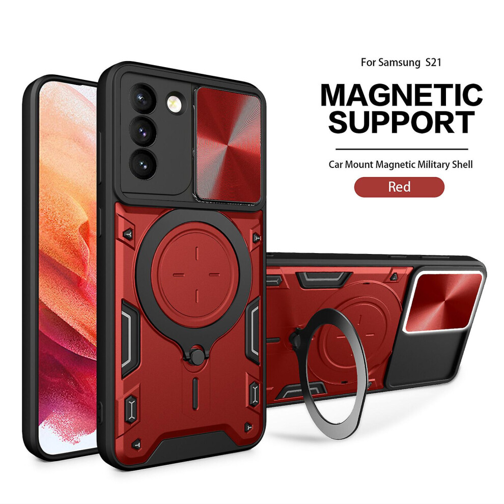 Magnetic Phone Case Compatible Samsung S21, Slide Camera Lens Protection And Built In 360 Rotatable Ring Holder: Red 8224430420890