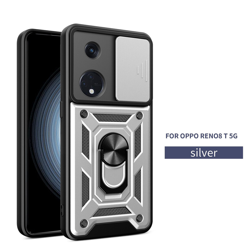 Magnetic Phone Case Compatible Oppo Reno 8T 5G, Slide Camera Lens Protection And Built In 360 Rotatable Ring Holder: Silver 3662543126844