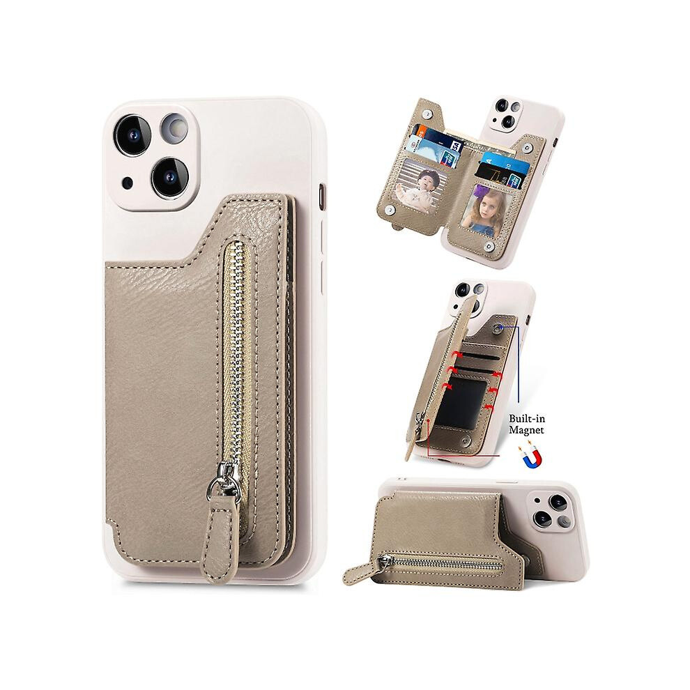 Compatible Iphone 15 Pro Zipper Wallet Leather Back Shockproof Phone Case:khaki 8303483115738