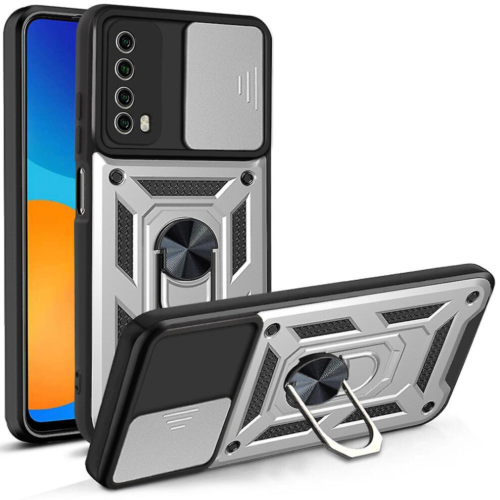 Magnetic Phone Case Compatible Huawei P Smart 2021 /Y7a, Slide Camera Lens Protection And Built In 360 Rotatable Ring Holder: Silver 5726356168014