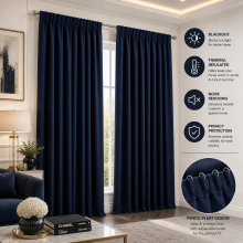(66" x 54", Blue Pencil Pleat) Pencil Pleat Blackout Curtains For Bedroom Window