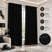 (90" x 90", Black Pencil Pleat) Pencil Pleat Blackout Curtains For Bedroom Window