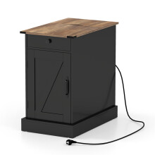 Mesita de noche con estación de carga, cajón y tapa plegable, color negro