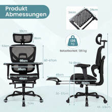 Ergonomische bureaustoel met mesh-bekleding en voetensteun, zwart