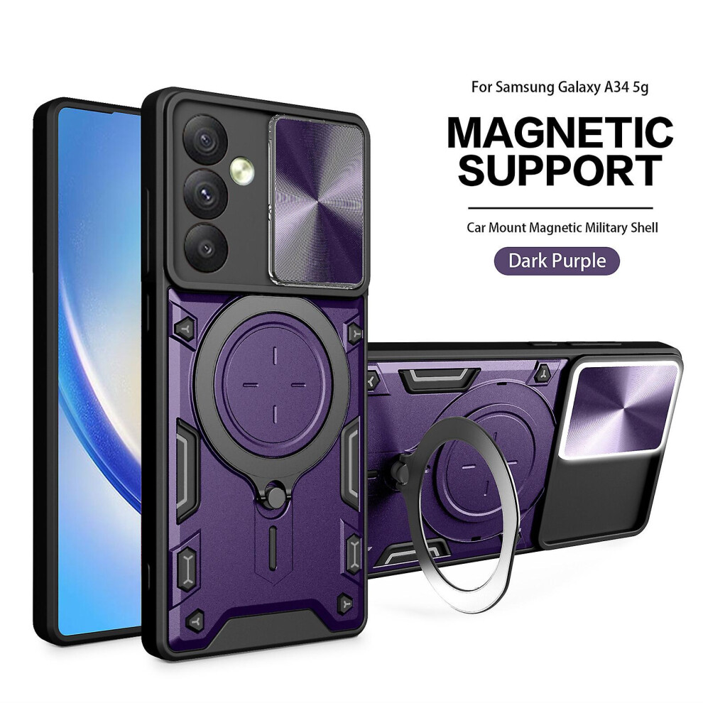 Magnetic Phone Case Compatible Samsung A34 5G, Slide Camera Lens Protection And Built In 360 Rotatable Ring Holder: Purple 4591823252111