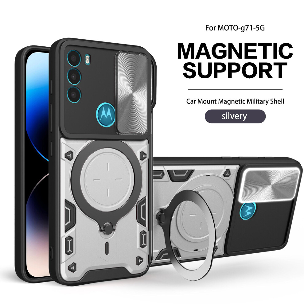 Magnetic Phone Case Compatible Moto G71 5G, Slide Camera Lens Protection And Built In 360 Rotatable Ring Holder:silvery 4973247237637