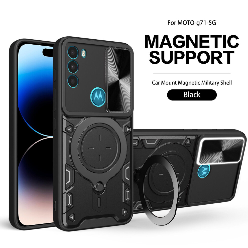 Magnetic Phone Case Compatible Moto G71 5G, Slide Camera Lens Protection And Built In 360 Rotatable Ring Holder: Black 4973247237583