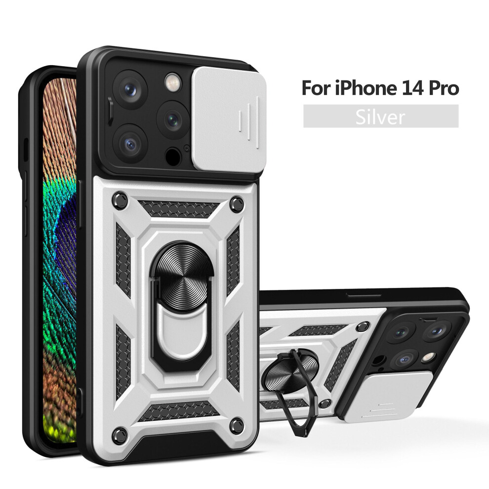 Magnetic Phone Case Compatible Iphone 14 Pro, Slide Camera Lens Protection And Built In 360 Rotatable Ring Holder:silvery 3463626398536