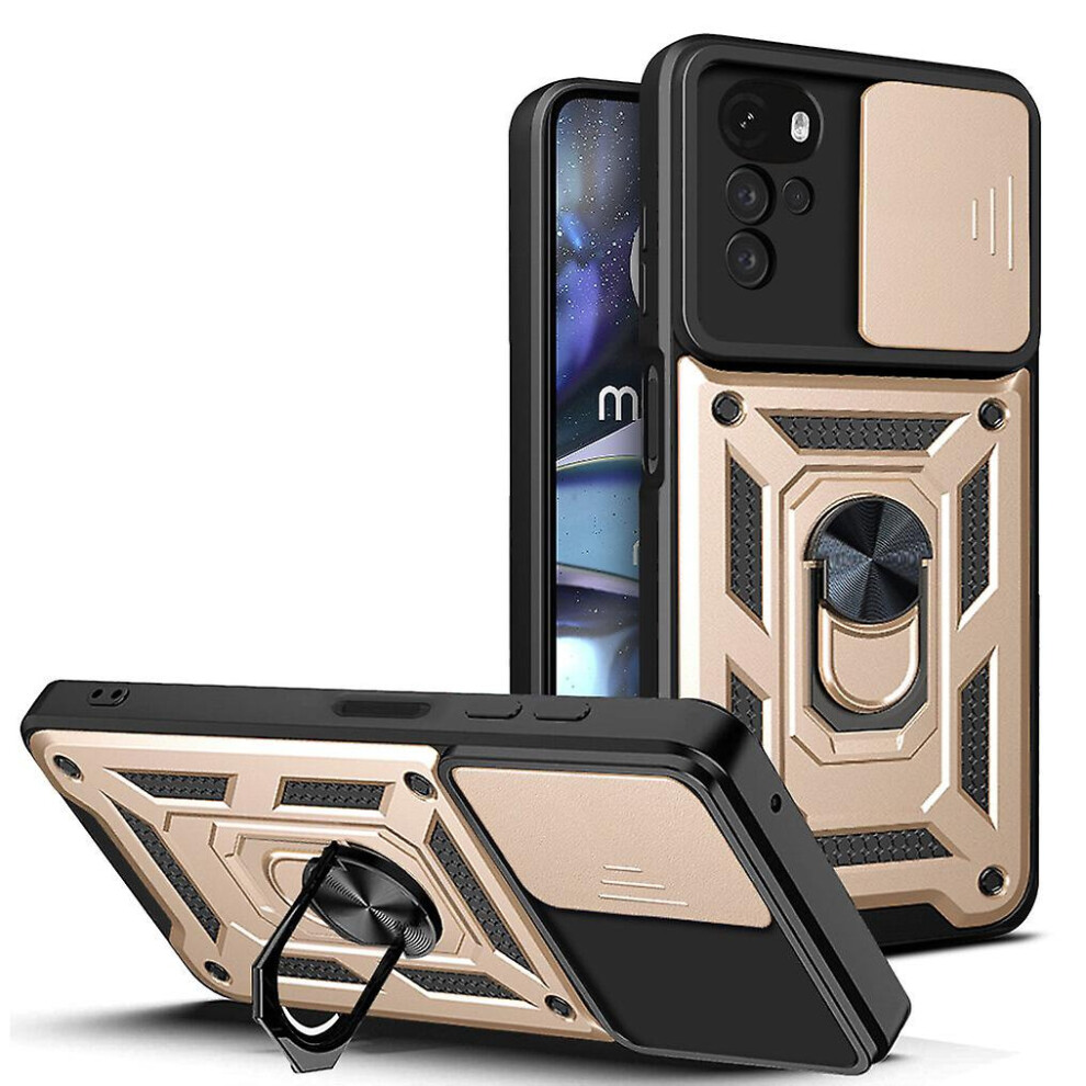 Magnetic Phone Case Compatible Moto G22, Slide Camera Lens Protection And Built In 360 Rotatable Ring Holder: Gold 3405099413422