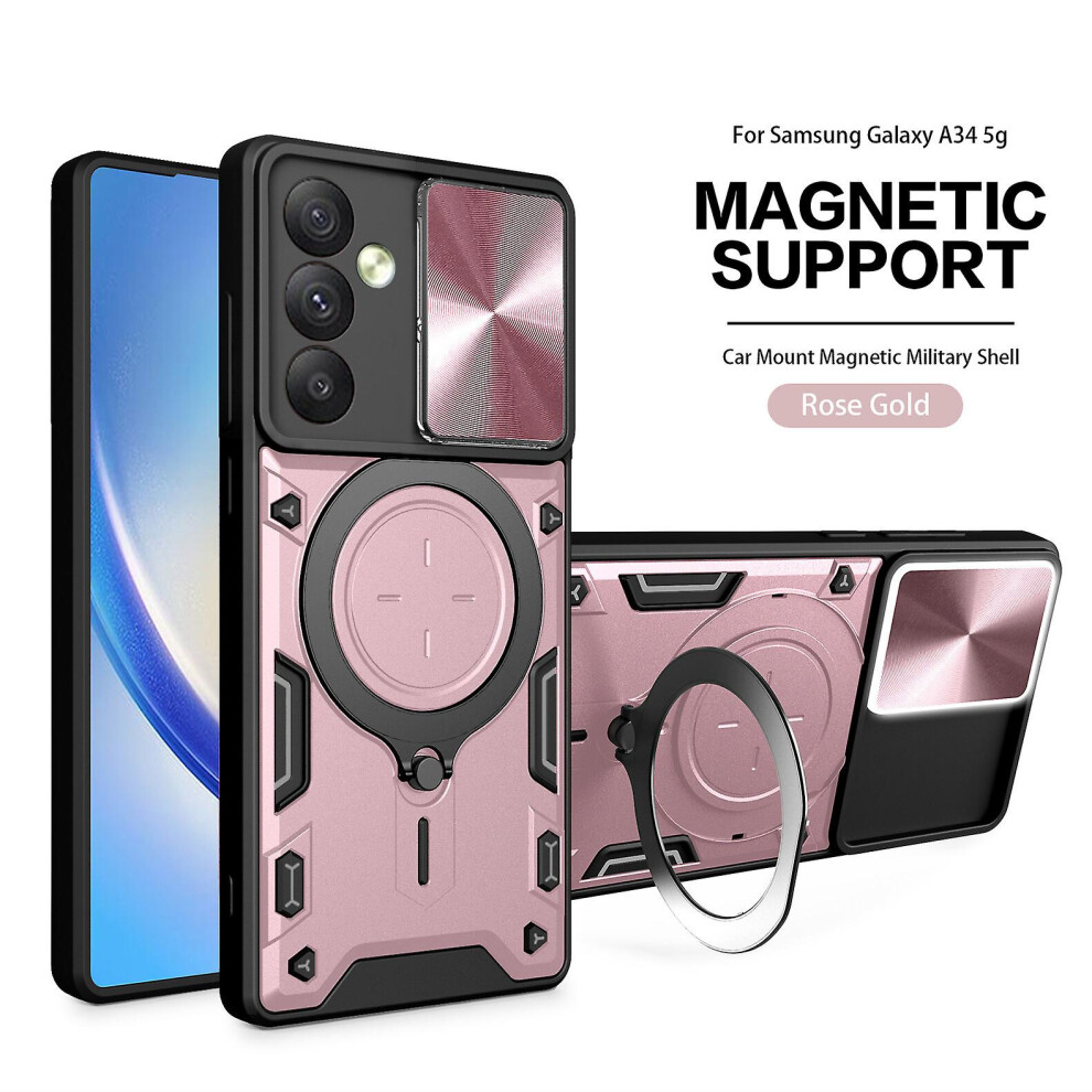 Magnetic Phone Case Compatible Samsung A34 5G, Slide Camera Lens Protection And Built In 360 Rotatable Ring Holder:rose Gold 4591823252135