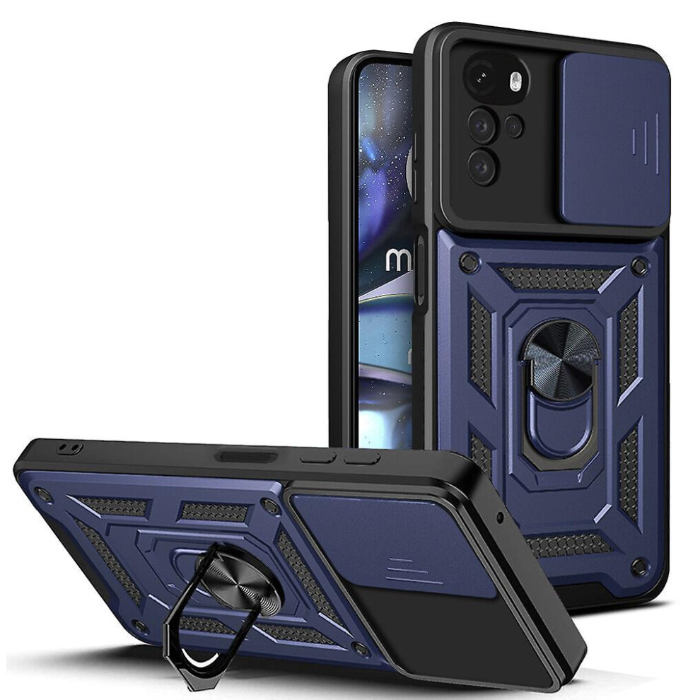 Magnetic Phone Case Compatible Moto G22, Slide Camera Lens Protection And Built In 360 Rotatable Ring Holder: Blue 3405099413415