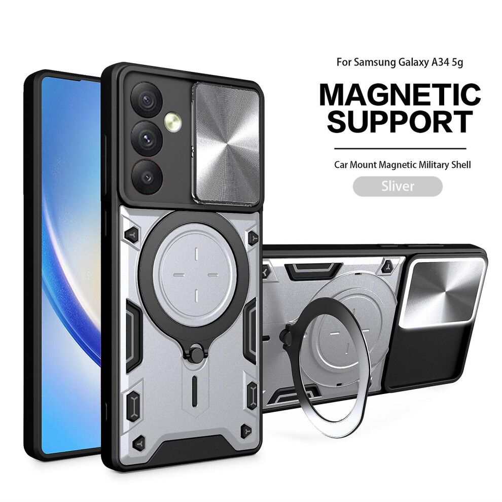 Magnetic Phone Case Compatible Samsung A34 5G, Slide Camera Lens Protection And Built In 360 Rotatable Ring Holder:silvery 4591823252142