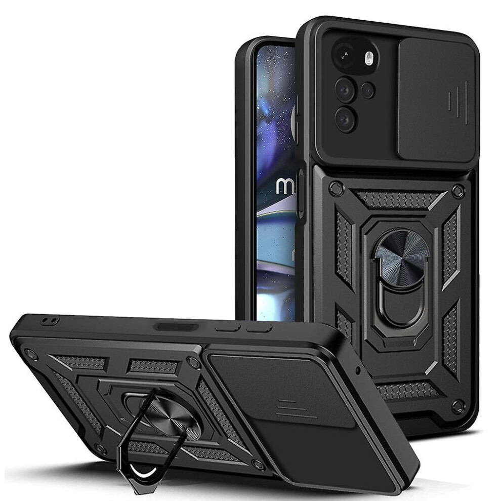 Magnetic Phone Case Compatible Moto G22, Slide Camera Lens Protection And Built In 360 Rotatable Ring Holder: Black 3405099413408