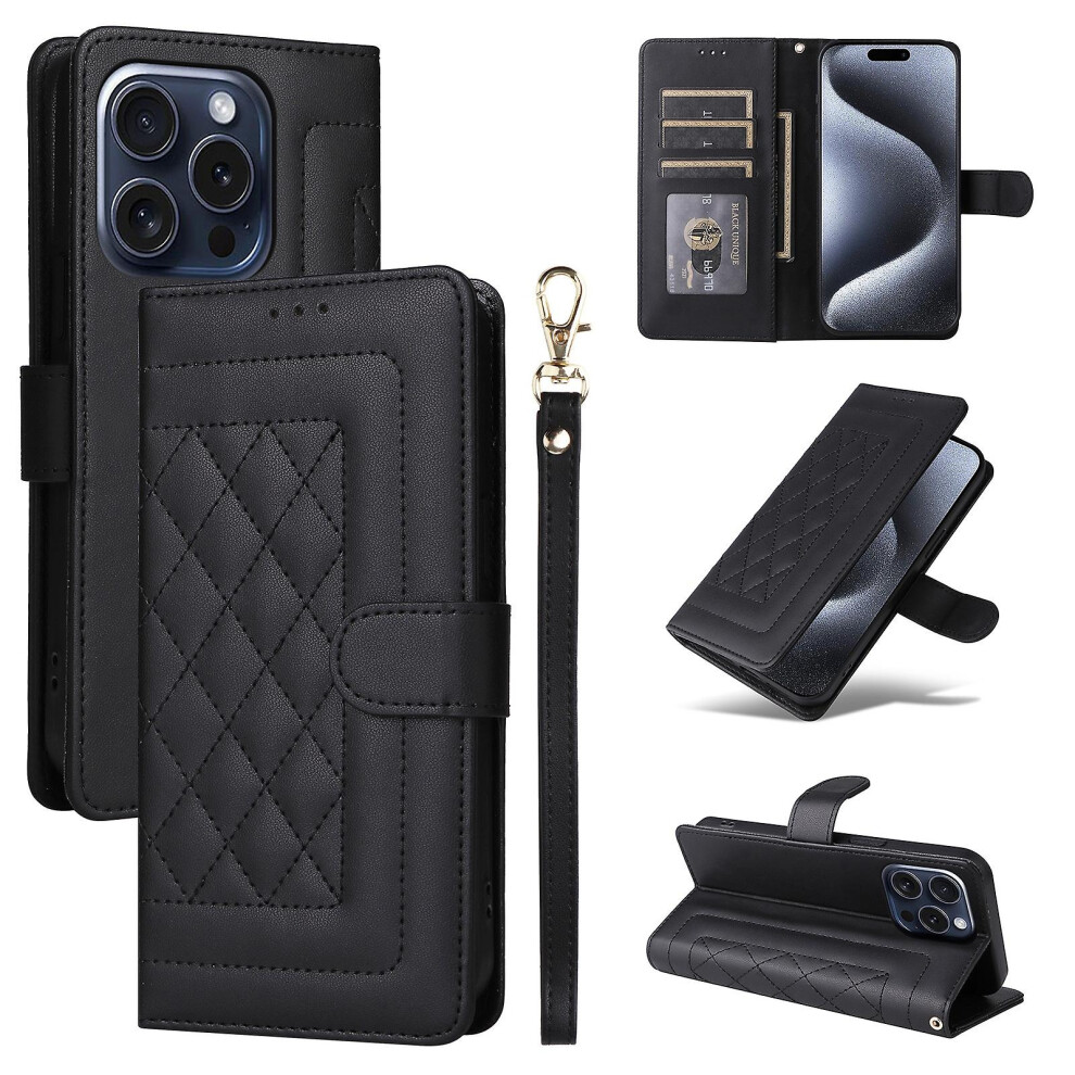 Compatible Iphone 15 Pro Max Diamond Lattice Leather Flip Phone Case: Black 6933657188453