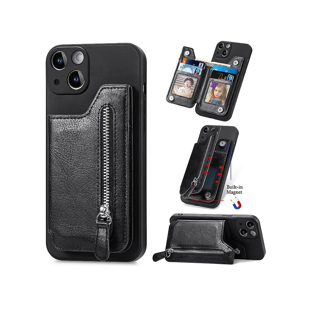 Compatible Iphone 14 Pro Max Zipper Wallet Leather Back Shockproof Phone Case: Black 8375701227868