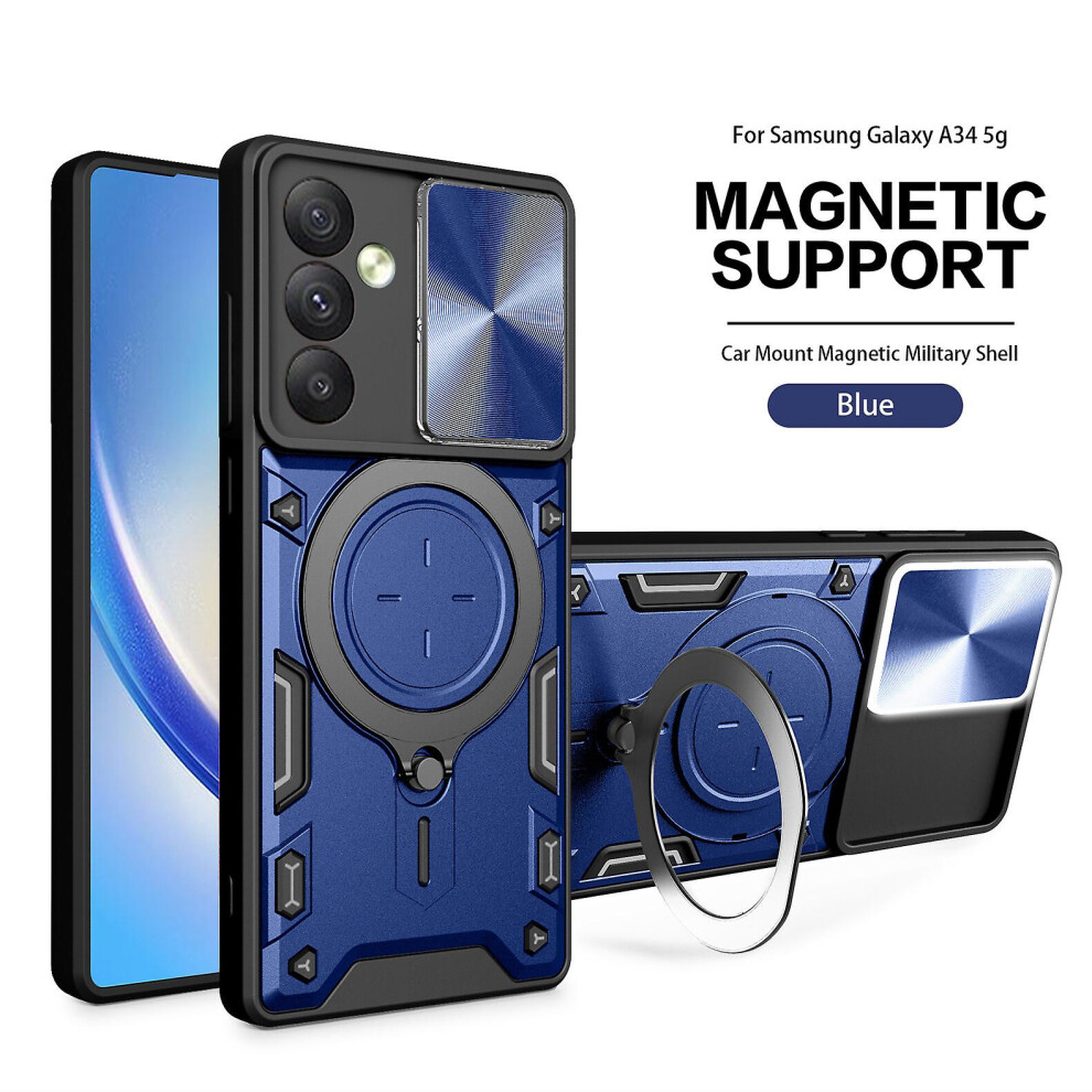 Magnetic Phone Case Compatible Samsung A34 5G, Slide Camera Lens Protection And Built In 360 Rotatable Ring Holder: Blue 4591823252104