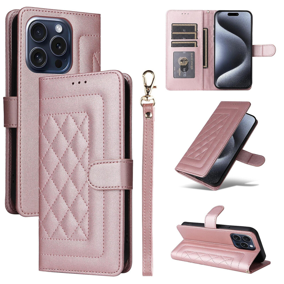 Compatible Iphone 15 Pro Max Diamond Lattice Leather Flip Phone Case:rose Gold 6933657188491