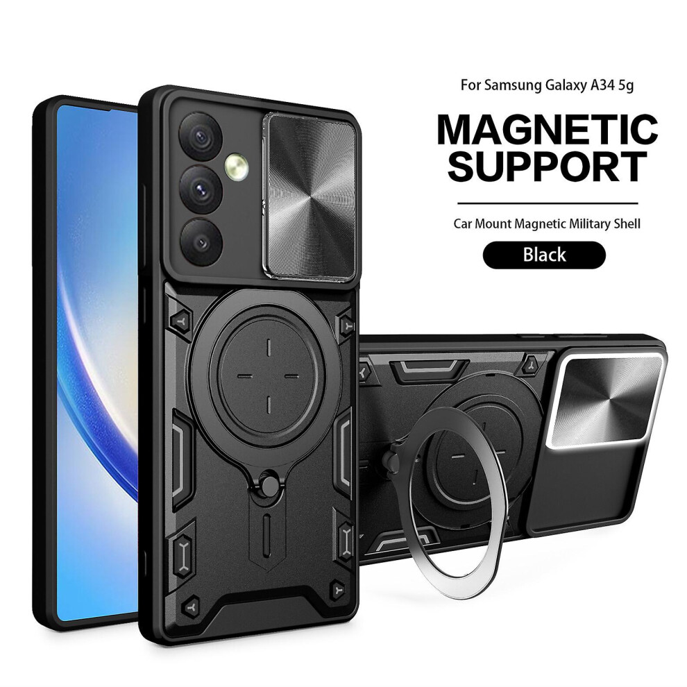 Magnetic Phone Case Compatible Samsung A34 5G, Slide Camera Lens Protection And Built In 360 Rotatable Ring Holder: Black 4591823252098