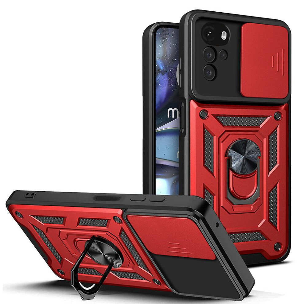 Magnetic Phone Case Compatible Moto G22, Slide Camera Lens Protection And Built In 360 Rotatable Ring Holder: Red 3405099413446