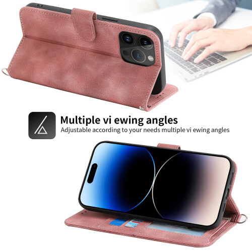 compatible iPhone 13 Pro Case, Leather Wallet Flip Case With Strap:Pink 2