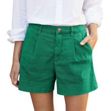 Women's cotton and linen summer high-waisted shorts-Green XXL
