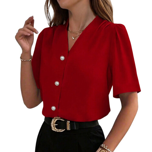 Comfortable Women's V Neck Button Down Short Sleeve-Burgundy M