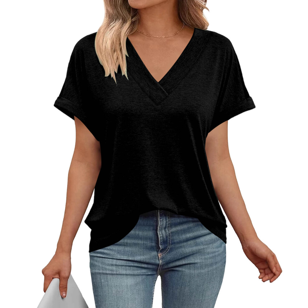 T Shirts Short Sleeve V Neck Tees Womens Tops Beach-Black L