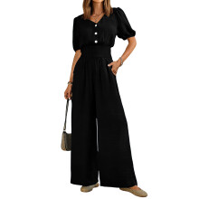 Womens Jumpsuits Short Sleeve V Neck Dressy Casual-Black XXL