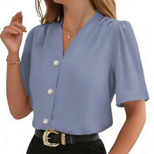 Elegant Polyester V Neck Shirt for Women Short Sleeve-Blue S