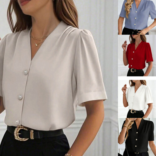 Summer Blouse V Neck Short Sleeve Button Front Women's-Black M 2