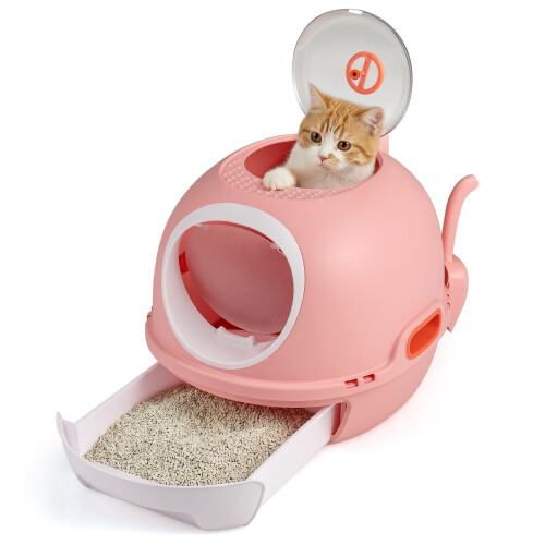 Gesloten kattenbak met lade en schepje, roze 1