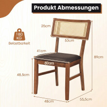 Set van 2 eetkamerstoelen, rotan rugleuning, fluwelen zitting, bruin
