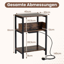 Bijzettafel met oplaadstation, 3 lagen, rustiek bruin
