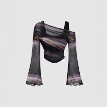 (Pattern, XL) Women's 2025 Summer New Fashion Asymmetrical Flounce Sleeve Tie-Dye Mesh T-Shirt Top