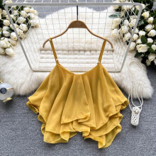 (Pink, One size fits all) Women's 2022 Summer Blouse: Loose Fitting Ruffle Off-Shoulder Double Layer Sleeveless Chiffon Tank Top