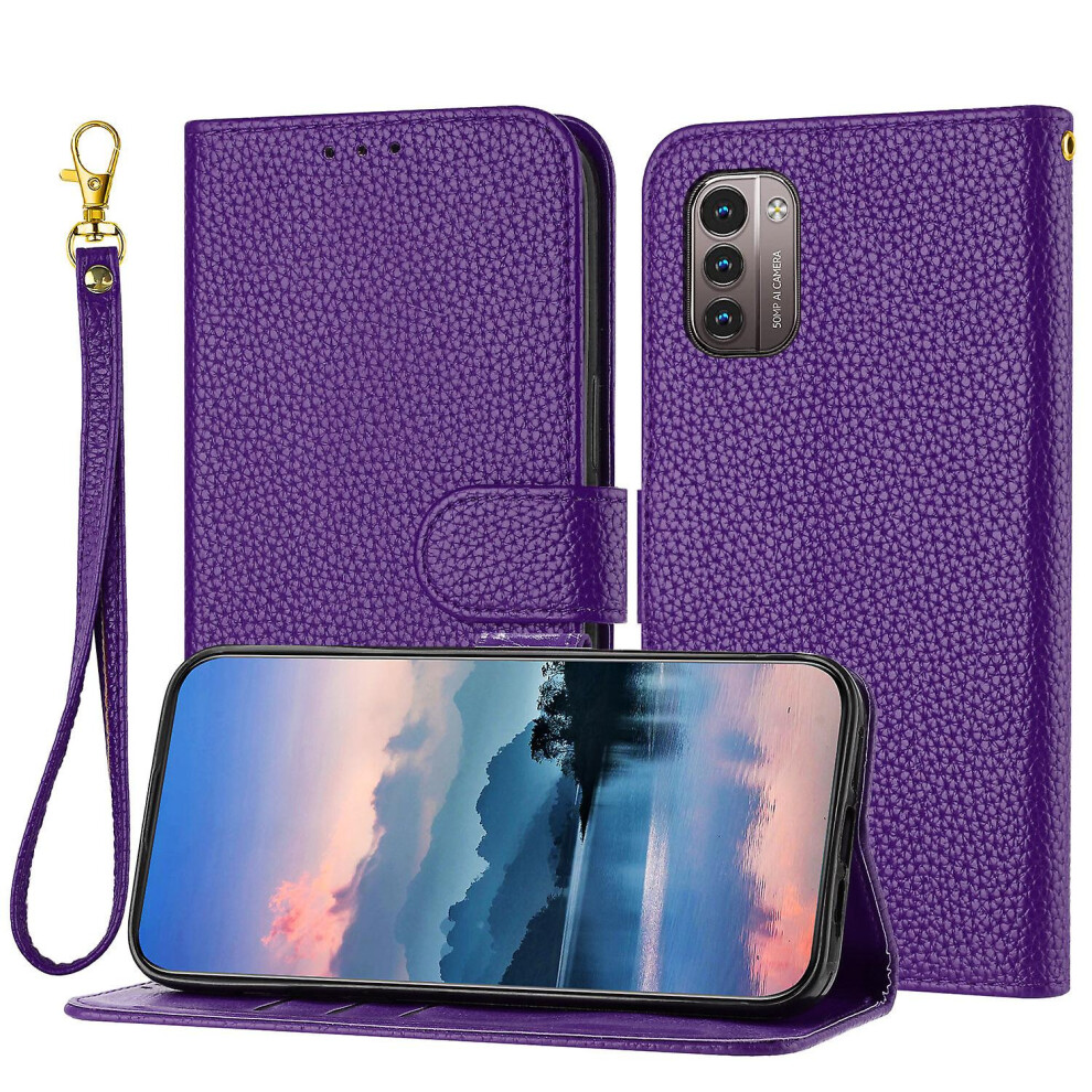 Compatible Nokia G11 /G21 Case, Litchi Pu Leather Folio Cover Magnetic Closure Flip Wallet Card Slots Stand Case With Hand Strap,: Grain/Brown/Purple 5702815338006
