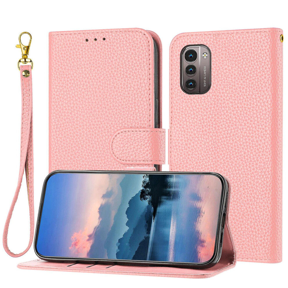 Compatible Nokia G11 /G21 Case, Litchi Pu Leather Folio Cover Magnetic Closure Flip Wallet Card Slots Stand Case With Hand Strap,: Grain/Brown/Pink 5702815337993