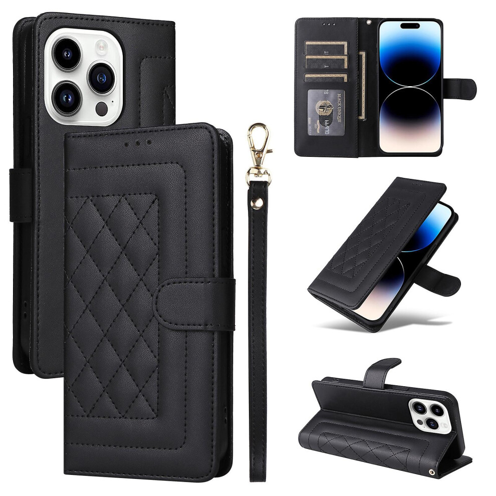 Compatible Iphone 14 Pro Diamond Lattice Leather Flip Phone Case: Black 8023556359790